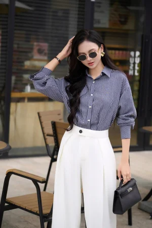 Áo sơ mi kẻ vai rơi basic