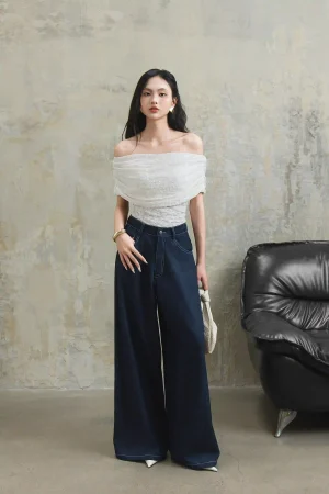 Quần bò suông rộng chỉ nổi