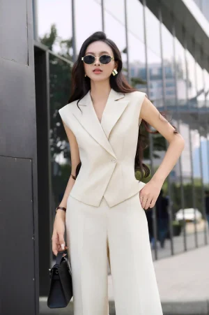 Set Gile áo cổ 2 ve tay chờm, quần suông cao cấp, phong cách thanh lịch